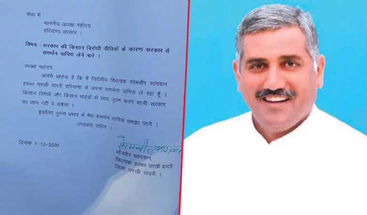 #Khattar Govt का साथ छोड़ किसानों के समर्थन में उतरे चरखी दादरी से विधायक सोमबीर