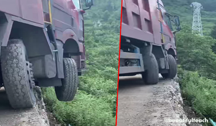 पहाड़ी पर लटके ट्रक के अगले टायर, ड्राइवर ने ऐसे बचाई अपनी जान