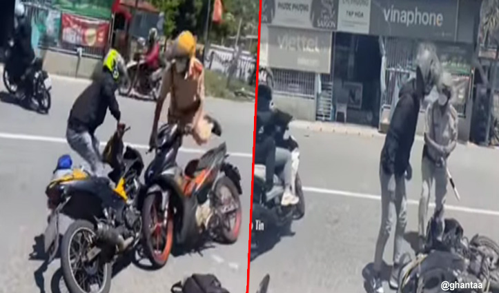पुलिसवाले की बाइक को लड़के ने मारी टक्कर, भाग गए दोस्त, देखें मजेदार वीडियो