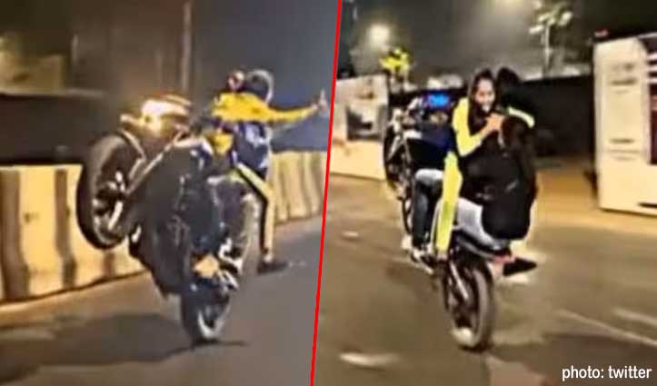आगे लड़की-पीछे लड़की-बीच में बाइक राइडर,खतरनाक स्टंट का वीडियो